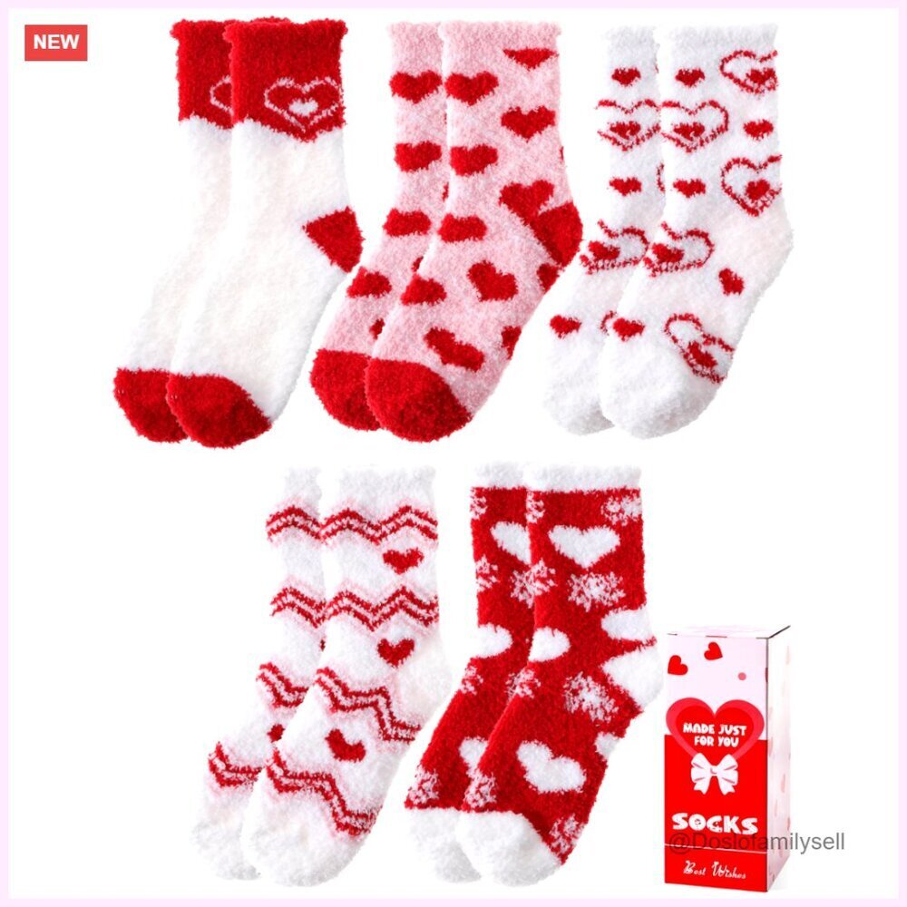 Fuzzy Fleece Slipper Socks Warm Cozy Winter Thick Fluffy Heart Pattern